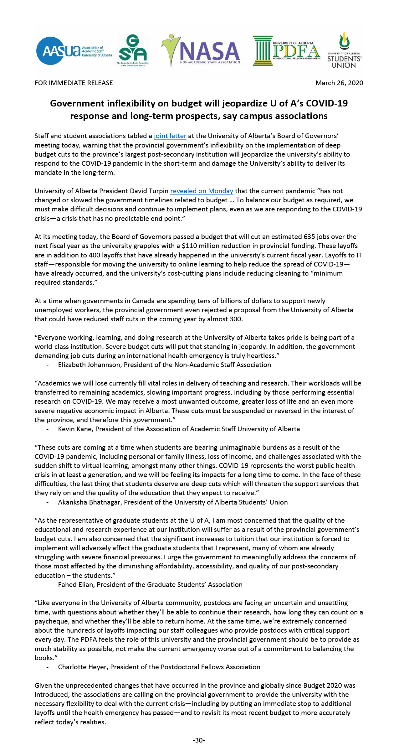 Media release on BOG meeting